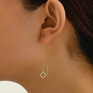 Gold Four Leaf Clover Threader Earrings Luxury Gold Plated